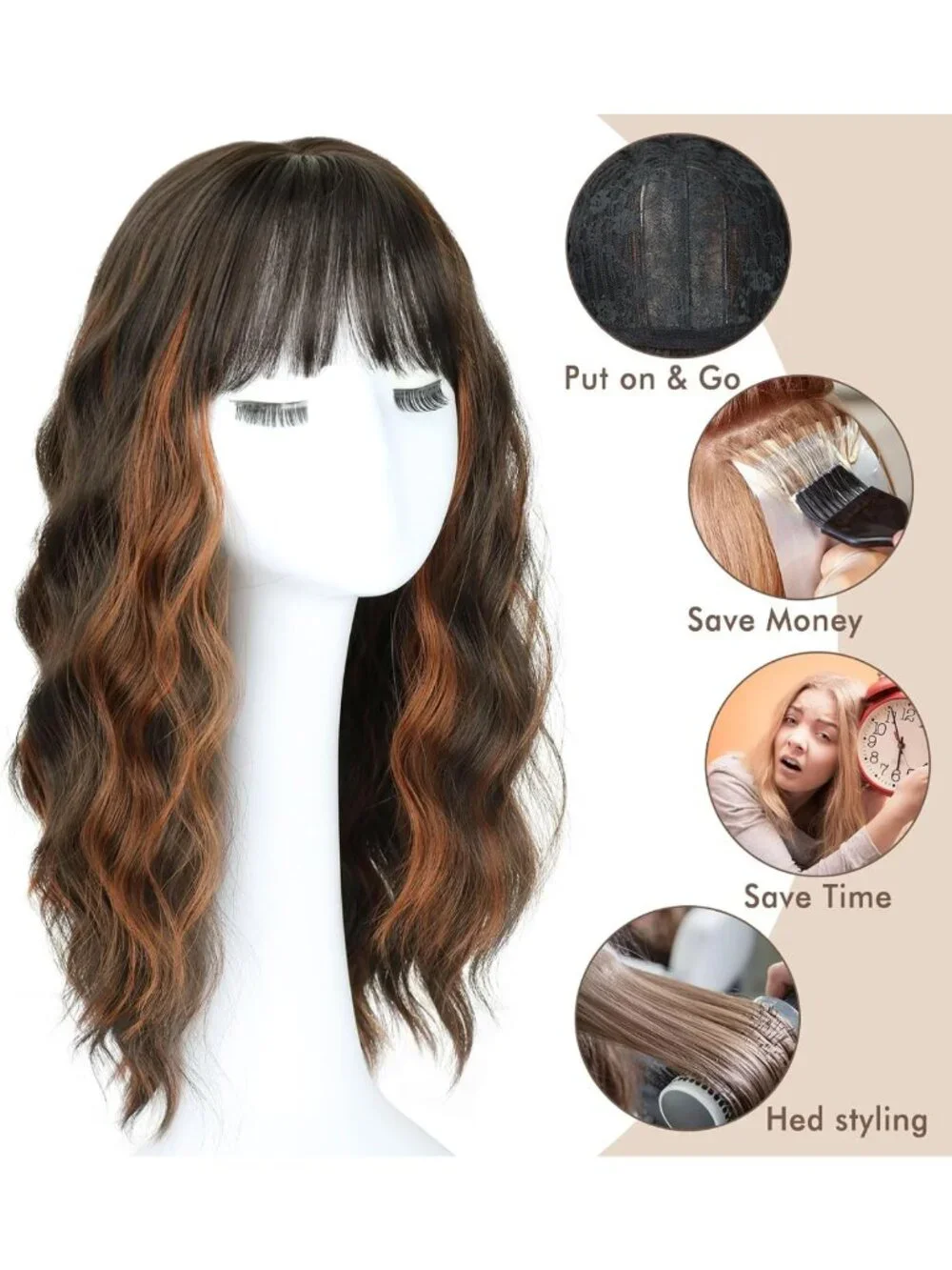 20-Inch Medium Long Wavy Wig with Bangs - Natural Curly Hair for Women
